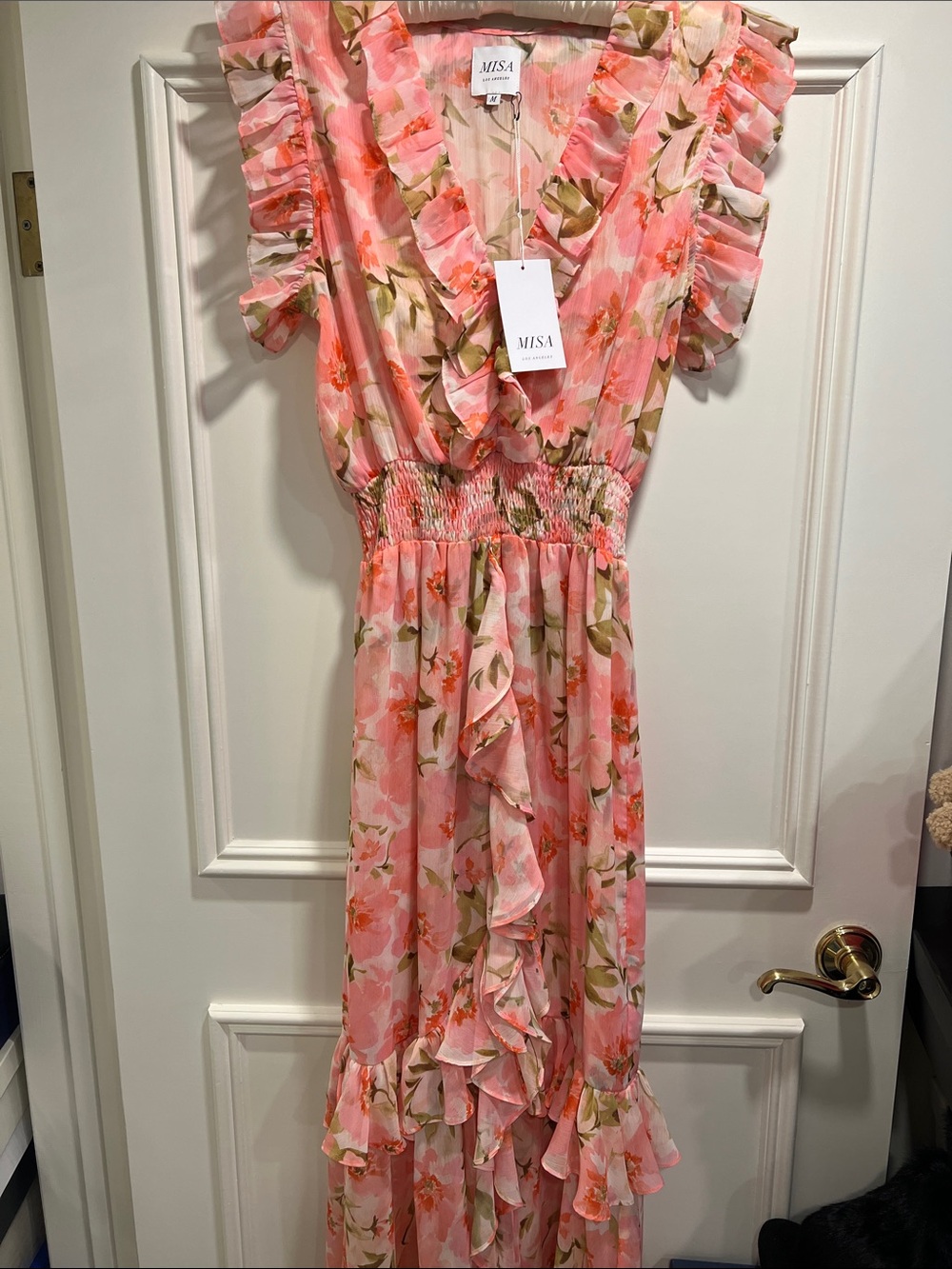 Misa Los Angeles Coral Pink Floral Ruffle Dress